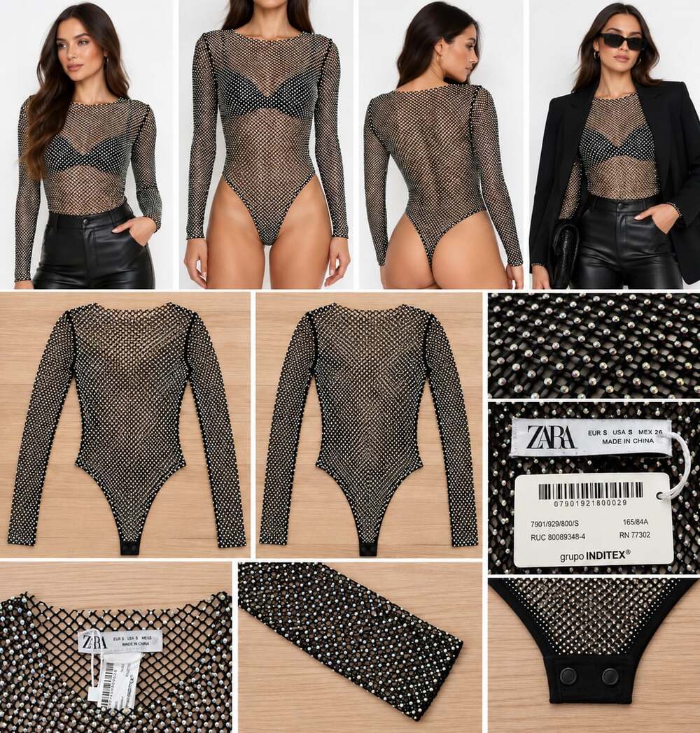 Zara Rhinestone Mesh Long Sleeve Bodysuit - Black/Silver